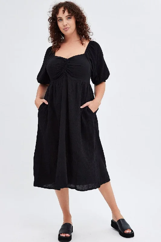 Midi Dresses for fall family outdoor events-Black Midi Dress Crushed Cotton Puff Sleeve