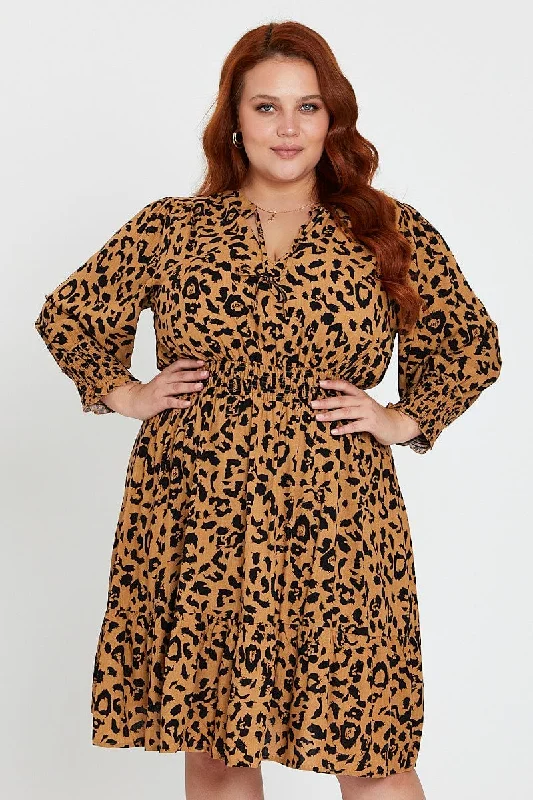 Midi Dresses for romantic fall dinner parties-Animal Print Midi Dress V-neck Long Sleeve