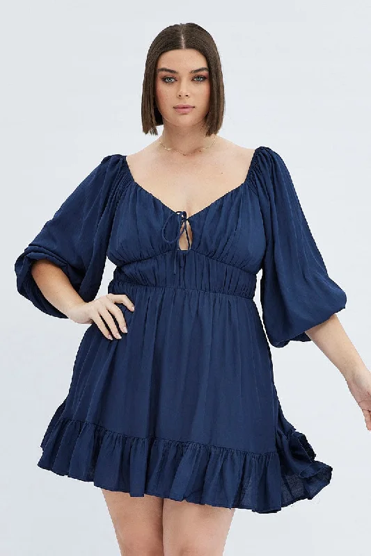 Midi Dresses for fall outdoor celebrations-Blue Fit And Flare Dress 3/4 Sleeve Tiered Cut Out