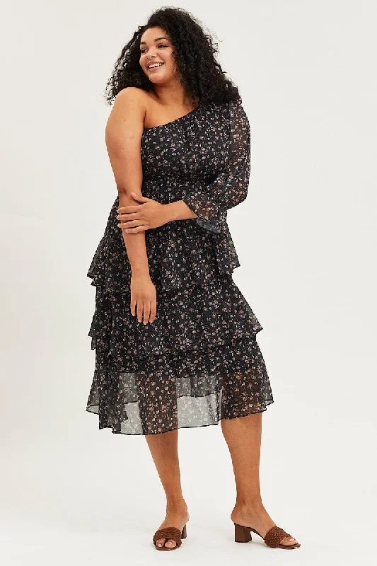 Midi Dresses for trendy spring family birthday dinners-Geo Print One Sleeve Floral Midi Dress