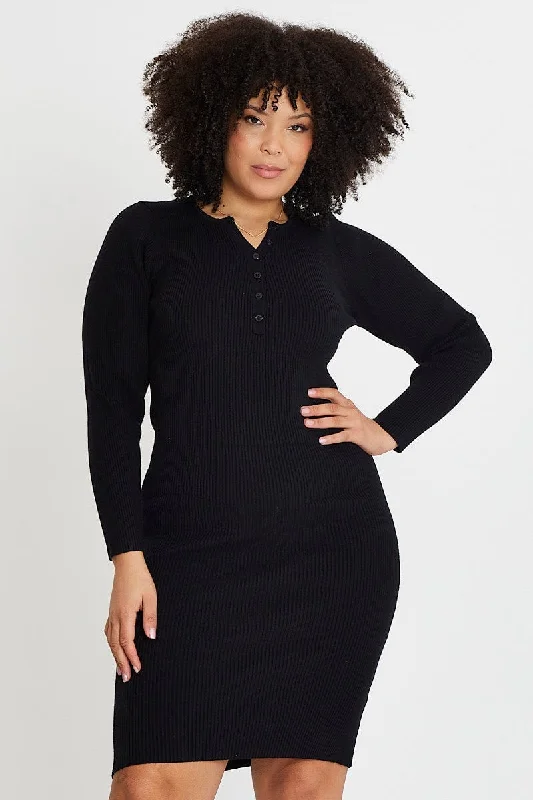 Midi Dresses for family fall picnic parties-Black Midi Knit Bodycon Dress V-neck Long Sleeve