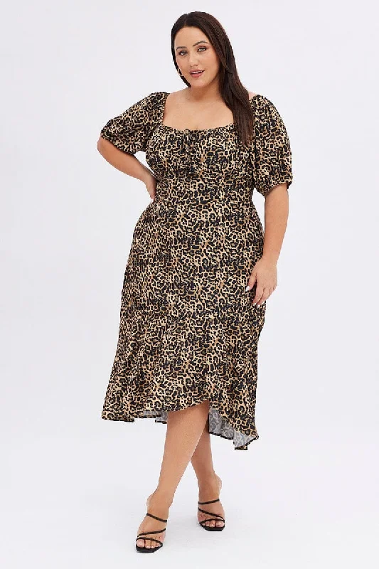 Midi Dresses for trendy spring evening birthday parties-Brown Animal Print Midi Dress Short Sleeve Gathered Bust