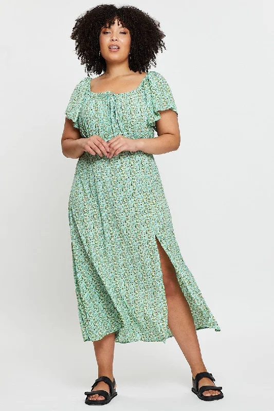 Midi Dresses for chic anniversary spring gatherings-Ditsy Print Midi Dress Scoop Neck Short Sleeve Front Split