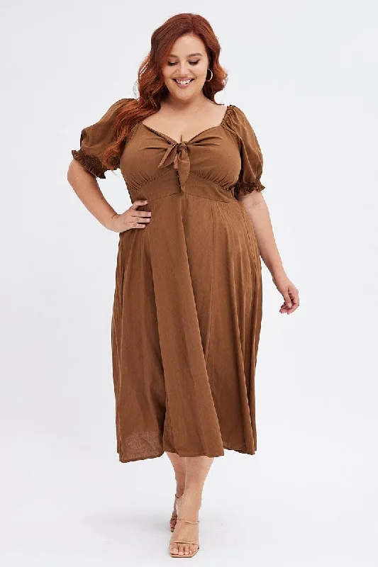 Midi Dresses for casual family garden parties-Brown Tie Front Button Midi Dress