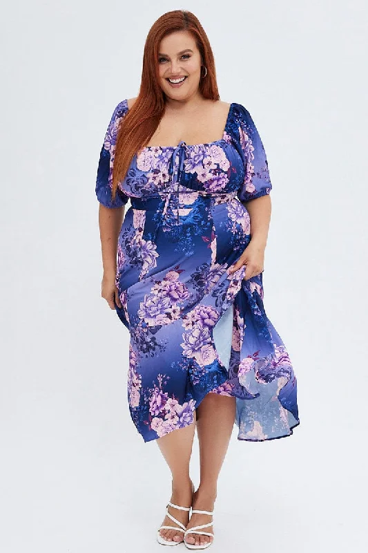 Midi Dresses for trendy spring reunion fashion-Purple Floral Midi Dress Short Sleeve Ruffle