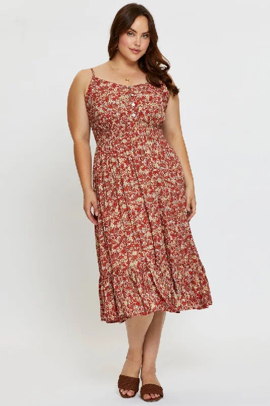 Midi Dresses for elegant birthday gatherings-Floral Print Midi Dress V-neck Sleeveless