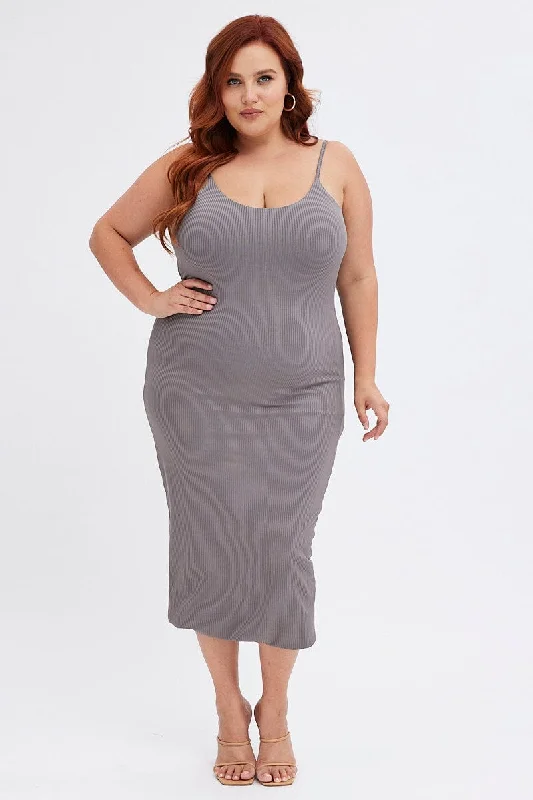 Midi Dresses for casual garden family gatherings-Grey Rib Jersey Midi Dress Tie Waist