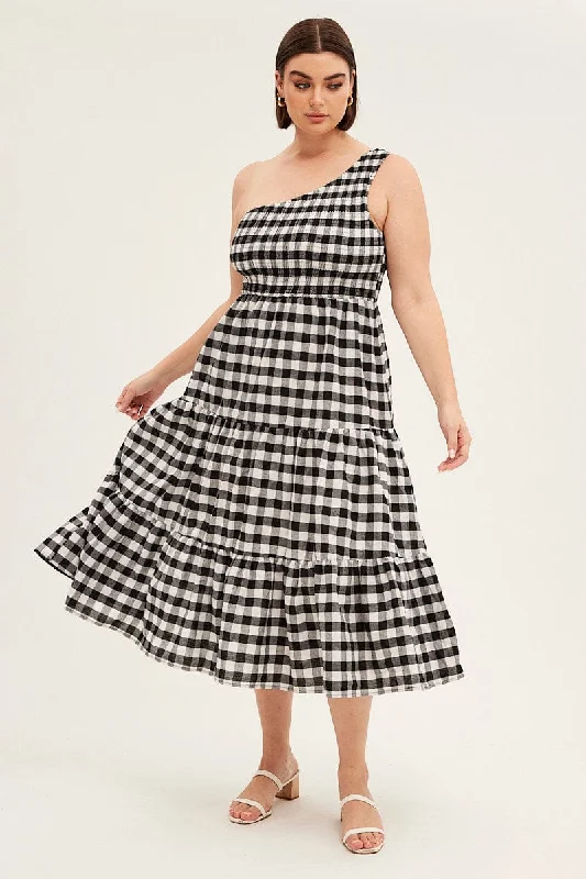 Midi Dresses for romantic spring dinner wear-Multi Check Midi Dress One Shoulder Shirred Gingham Check