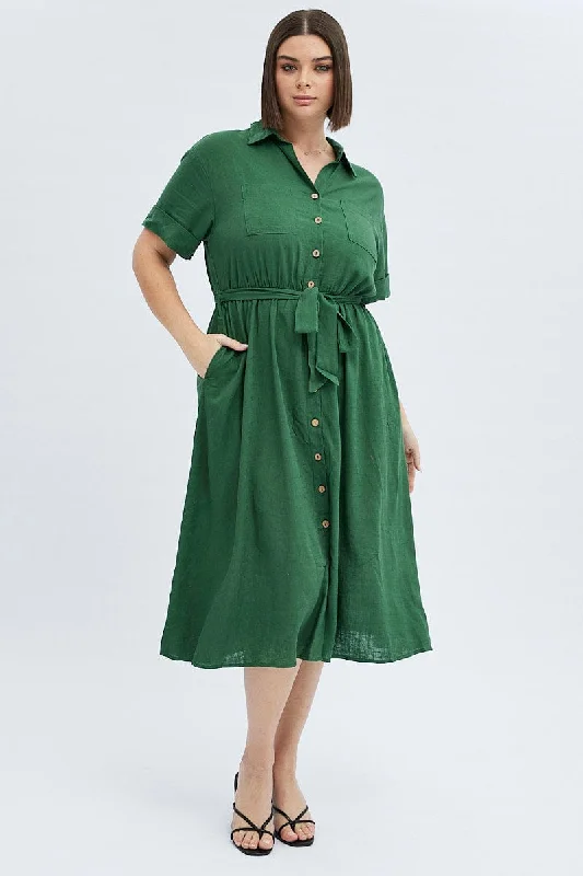 Midi Dresses for spring family reunion dinners-Green Midi Dress Puff Sleeve Belted With Pockets