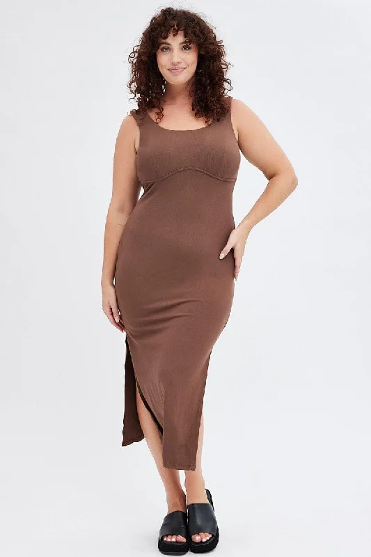 Midi Dresses for trendy spring holiday wear-Brown Bodycon Dress Rib Jersey Sleeveless Midi