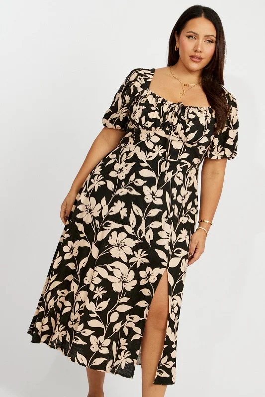 Midi Dresses for spring outdoor picnics-Black Floral Midi Dress Short Sleeve Linen Blend