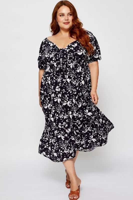 Midi Dresses for romantic spring celebrations-Floral Print Midi Dress V-neck Short Sleeve