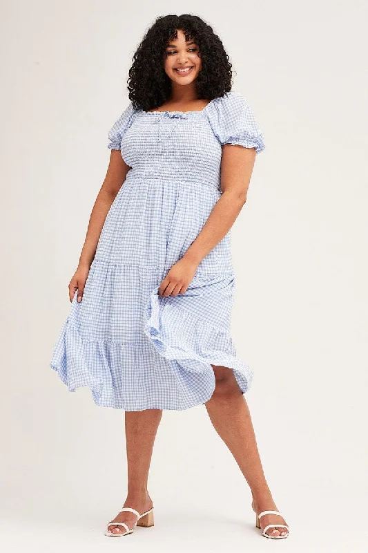 Midi Dresses for trendy family reunion spring dinner gatherings-Check Short Sleeve Tiered Midi Dress