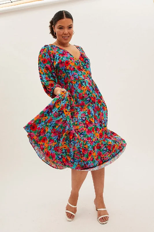 Midi Dresses for casual spring outdoor birthday celebrations-Multi Floral Midi Dress Button Detail Swing Half Sleeve