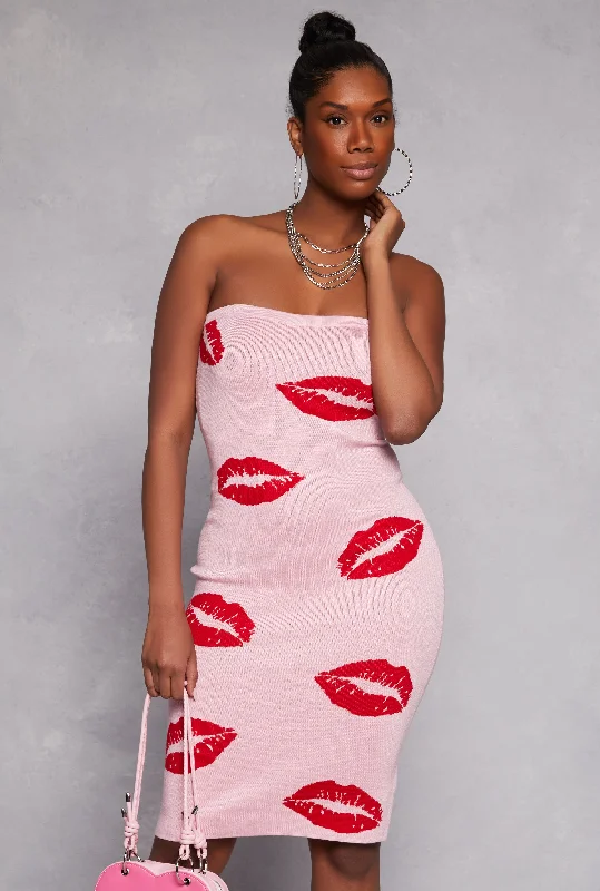 Midi Dresses for family reunion spring celebration dinners-Lip Print Midi Tube Dress