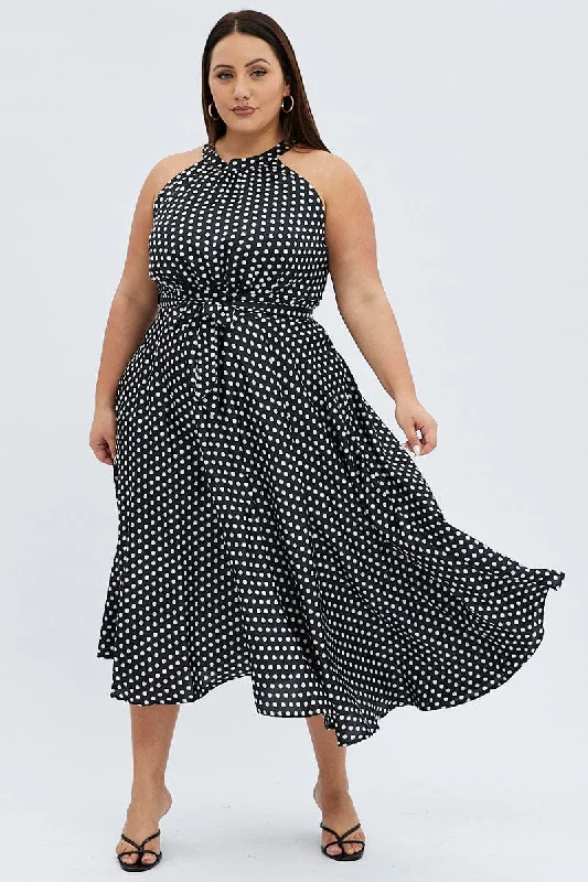 Midi Dresses for casual spring family garden dinners-Black Polka Dot Midi Dress Sleeveless High Neck Satin