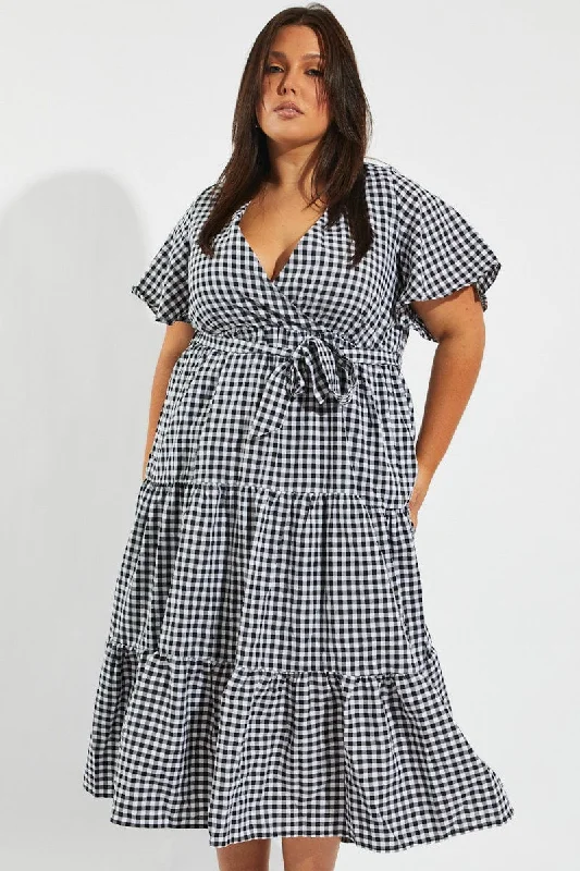 Midi Dresses for spring reunion romantic gatherings-Black Check Midi Dress Short Sleeve Wrap Front Self Tie