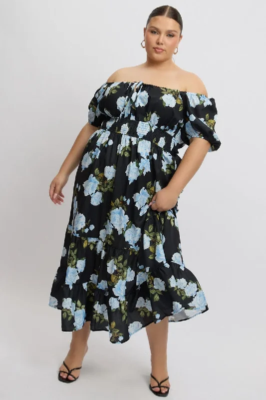 Midi Dresses for elegant family dinner parties-Black Floral Midi Dress Short Sleeve Ruched Bust Tiered