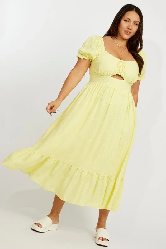 Midi Dresses for casual spring family reunion parties-Yellow Midi Dress Short Sleeve Ruched Bust