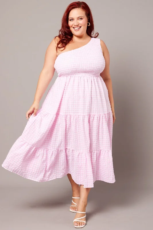 Midi Dresses for family garden wedding parties-Pink Check Midi Dress One Shoulder