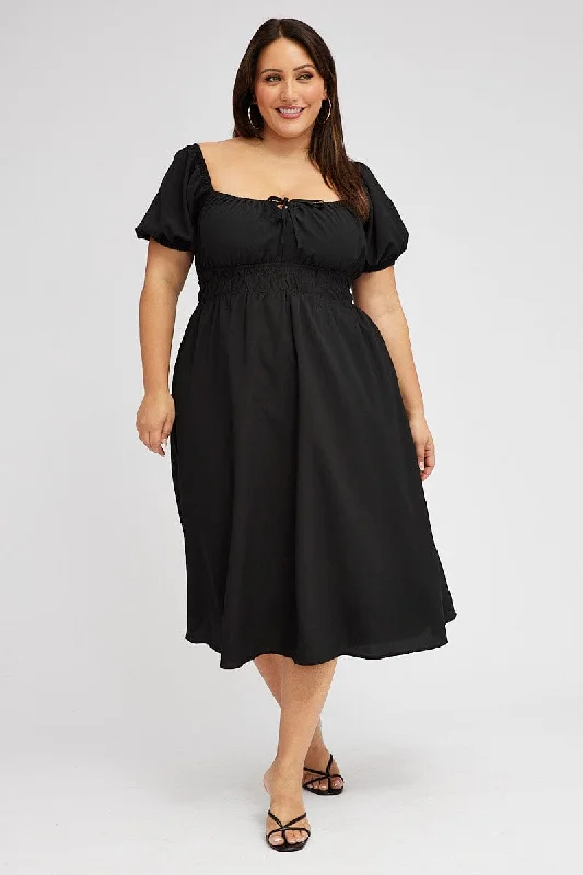 Midi Dresses for trendy spring holiday wear-Black Midi Dress Short Sleeve Ruched Bust