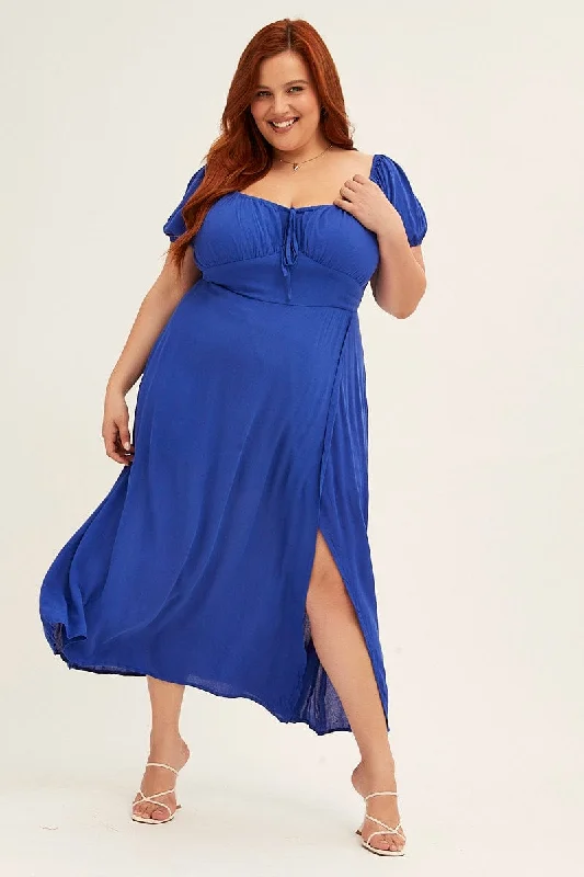 Midi Dresses for stylish family reunion events-Azure Midi Dress Puff Sleeve With Split Crinkle Rayon