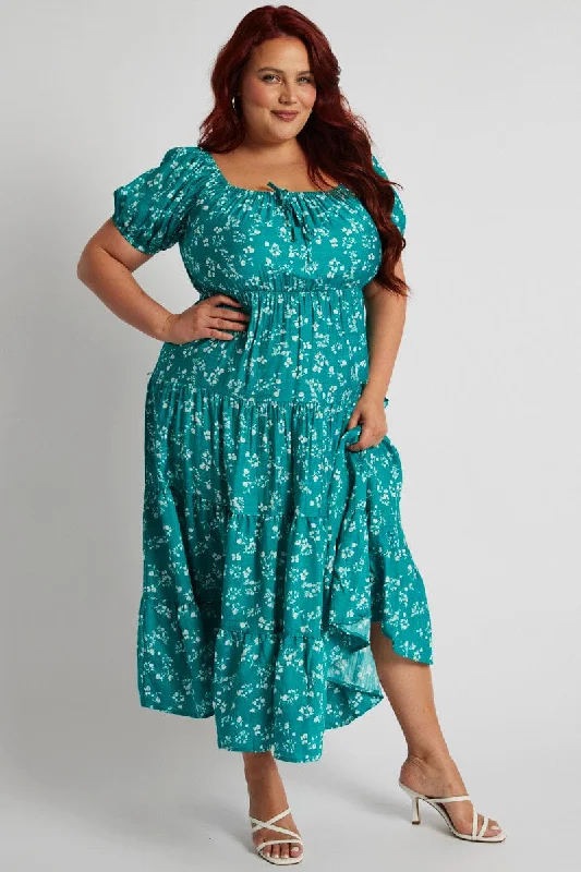 Midi Dresses for casual spring family holiday events-Green Ditsy Midi Dress Short Sleeve Ruched Bust