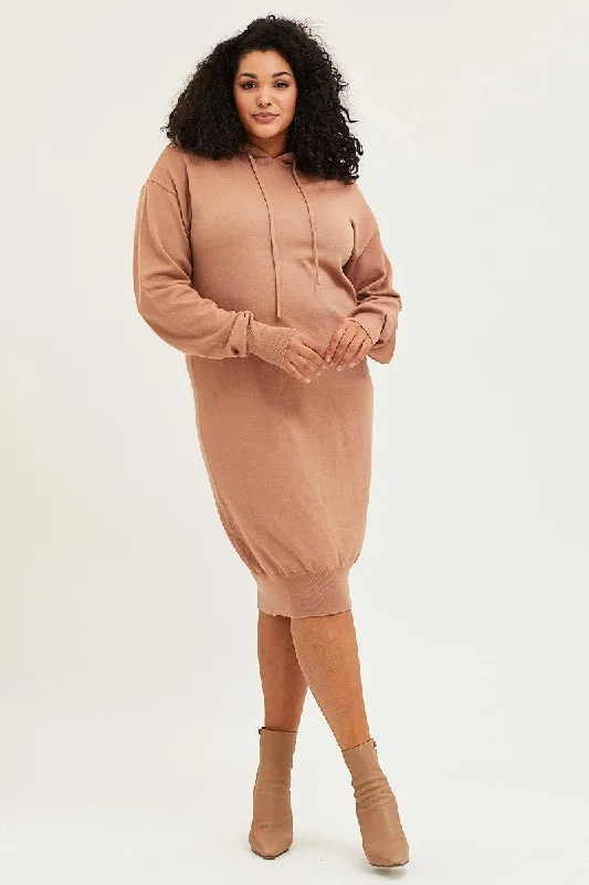 Midi Dresses for family fall picnic parties-Brown Plus Long Sleeve Hoodie Knit Dress