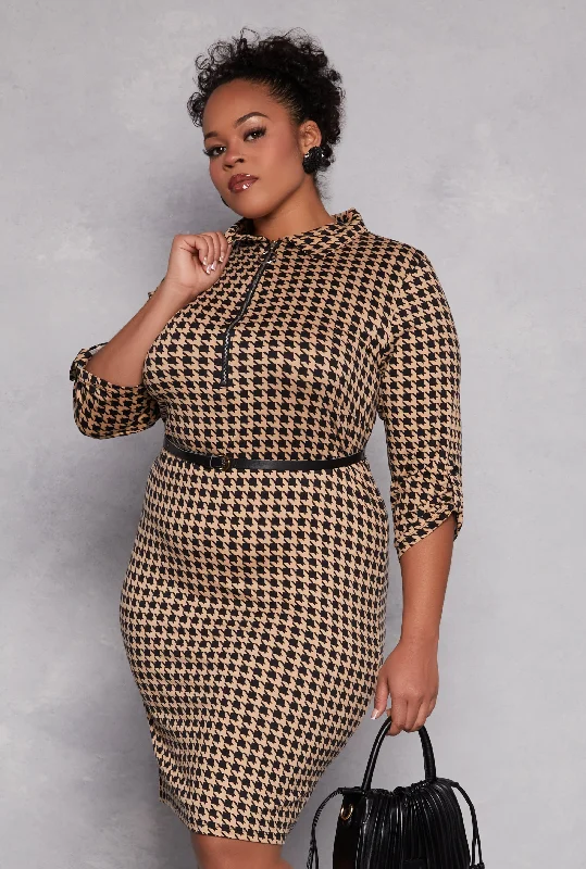 Midi Dresses for casual birthday fall celebrations-Plus Size Houndstooth Half Zip Midi Dress