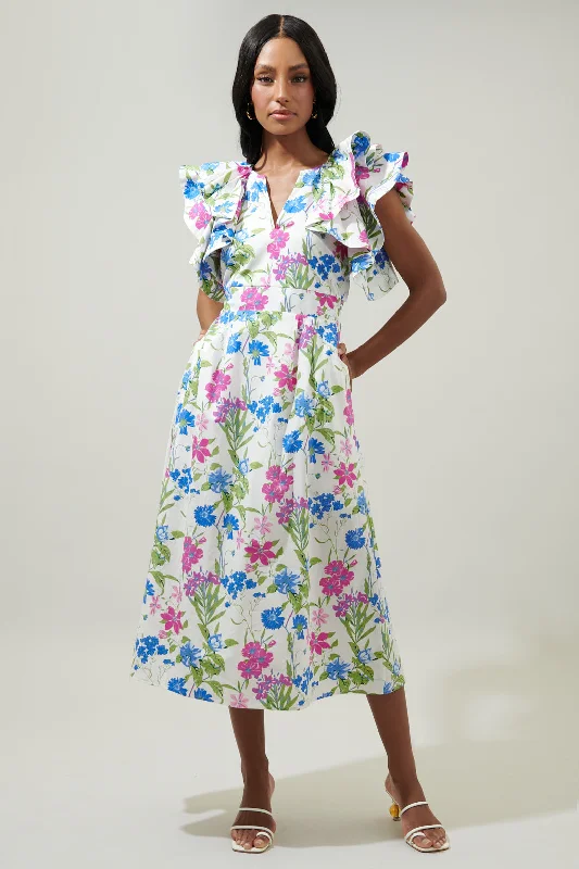 Midi Dresses for spring evening wear-In Bloom Floral Santana Ruffle Sleeve Tie Back Midi Dress