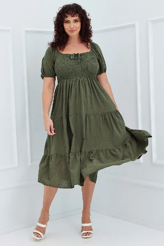 Midi Dresses for romantic anniversary spring celebrations-Khaki Short Sleeve Shirred Midi Dress