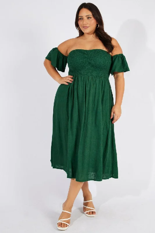 Midi Dresses for trendy spring evening birthday parties-Green Off Shoulder Flutter Sleeve Midi Dress