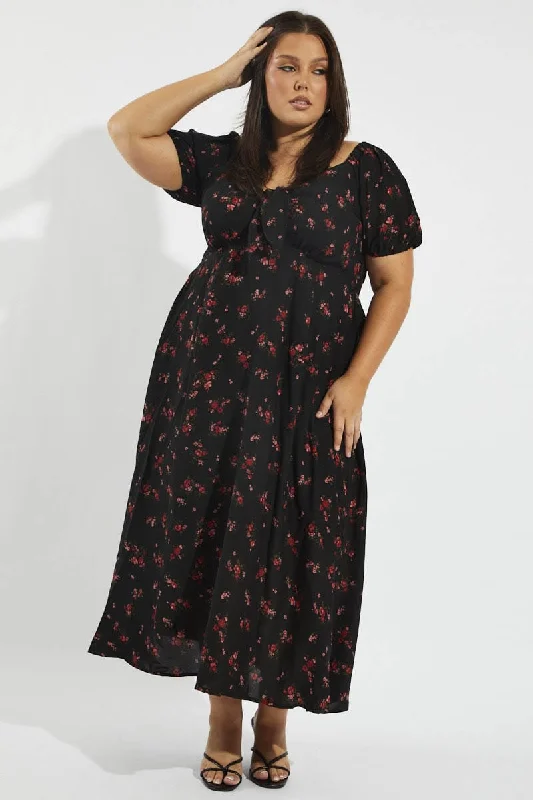 Midi Dresses for family spring picnic dinners-Black Floral Puff Sleeve Midi Dress Tie Front