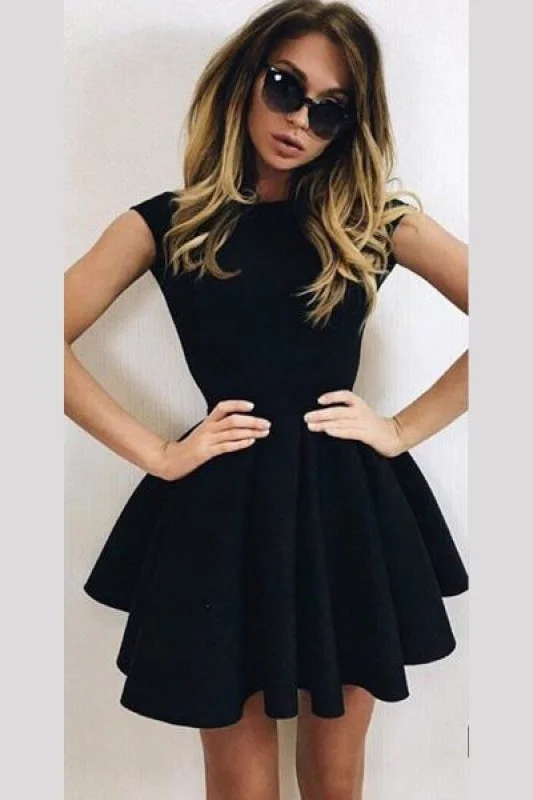 A-Line Scoop Backless Short Sleeves Black Ruched Homecoming Cocktail Dress