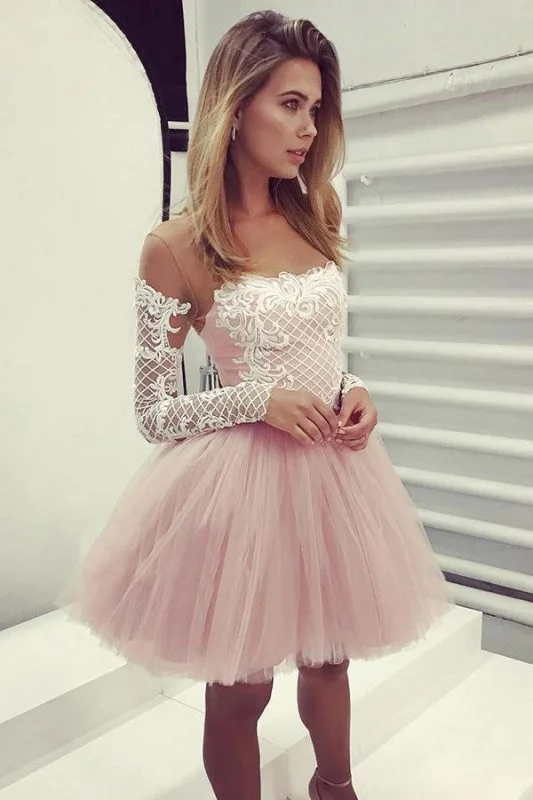 A-Line Sheer Neck Long Sleeves Pink Tulle Homecoming Cocktail Dress with Appliques