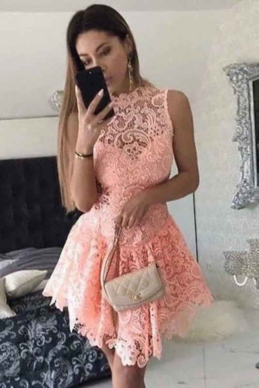 A-Line Short Dropped Pink Homecoming Mini Sleeveless Lace Cocktail Dress