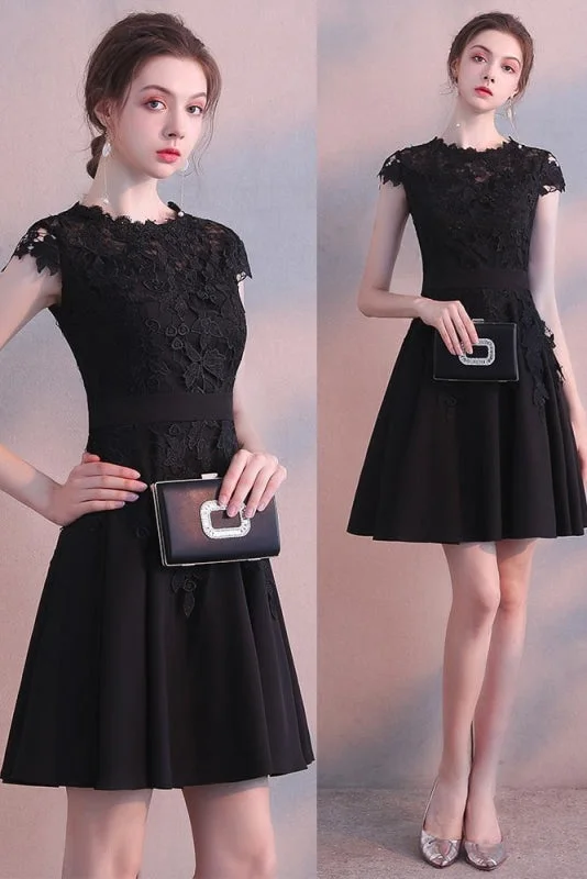 Black Cap Sleeves Satin Short Homecoming Dress with Lace Cute Mini Cocktail Dresses