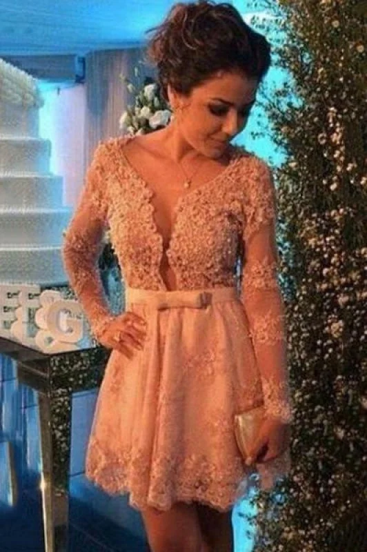 Bridelily Cute Pink Bowknot Lace Short Cocktail Dress with Beadings Long Sleeve Homecoming Dresses for Women