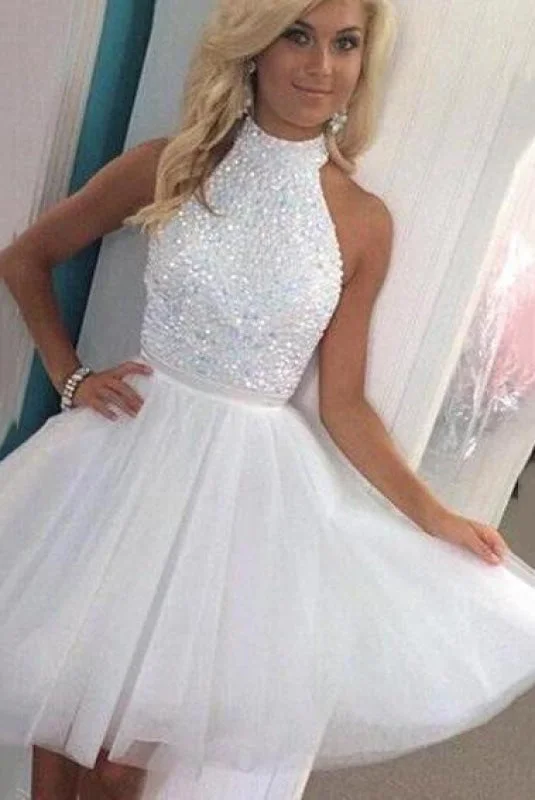 Bridelily White Crystal High Collar Short Homecoming Dresses Tulle Sleeveless Mini Cocktail Gowns