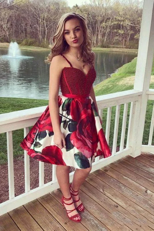 Burgundy Floral Homecoming Short Beaded Knee Length Cocktail Dresses