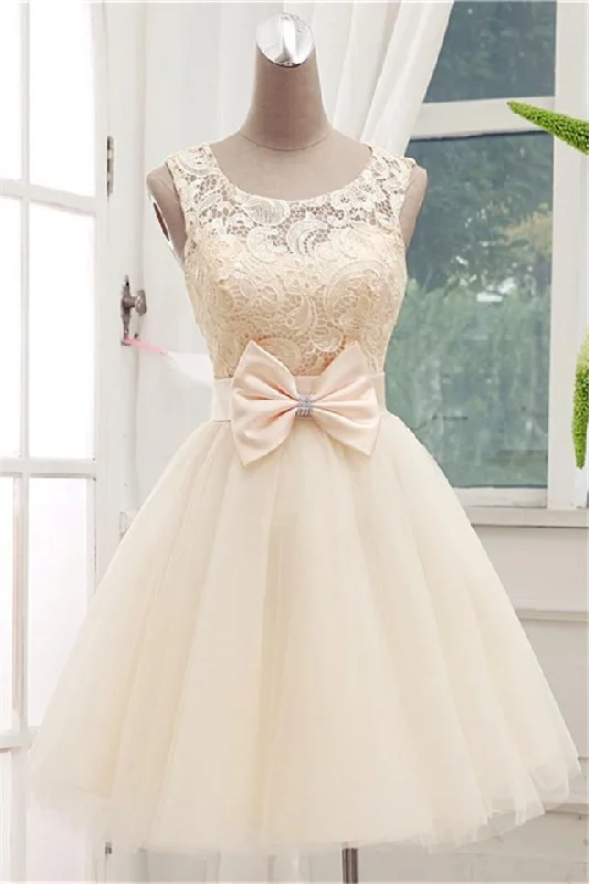 Plus Size Timeless Sleeveless Lace Cocktail Dress Bowknot Tulle Short Prom Gowns-323178