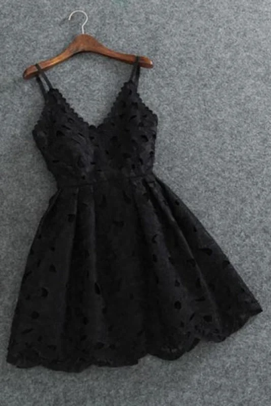 Cute Spaghetti Straps V Neck Black Lace Short Homecoming Mini Cocktail Dress