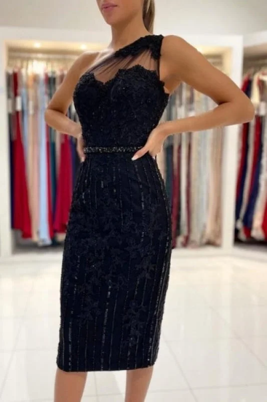 Evening Dresses Short Black Cocktail Dresses with Sequins One Shoulder Party Dress