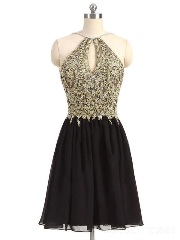 Gold Lace Beaded Black Chiffon Short Homecoming Prom Dresses, Affordable Short Party Prom Sweet 16 Dresses, Perfect Homecoming Cocktail Dresses, CM369