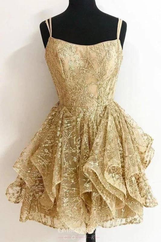 Gold Short homecoming Glitter Cocktail Party Dress Mini Shiny Straps Dresses