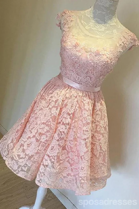 High Low Peach Lace See Through Back Short Homecoming Prom Dresses, Affordable Short Party Prom Sweet 16 Dresses, Perfect Homecoming Cocktail Dresses, CM367