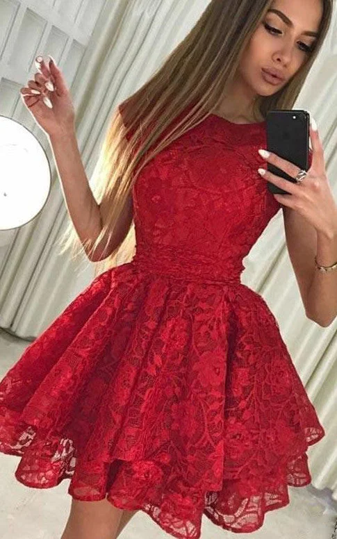 Lace A Line Zipper Cap Short Sleeve with Bows and Tiers Cocktail Homecoming Dress-334198