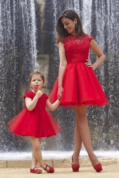 Lovely Red Lace Mother and Daughter Dress Tulle Short Cocktail Homecoming Dress-319272