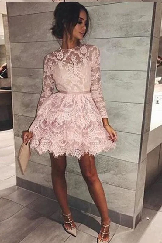 Mini Long Sleeve Jewel Homecoming Cute Sweet 16 A-line Lace Cocktail Dress