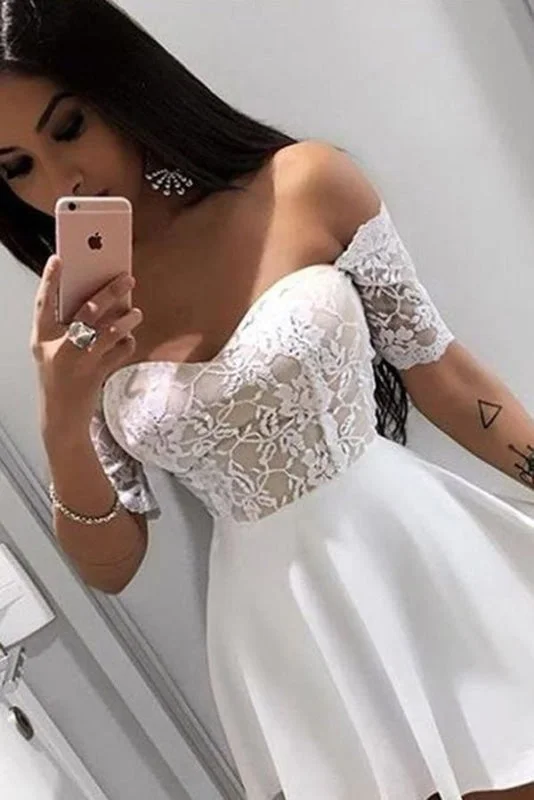 Mini Off Shoulder Sleeves Homecoming with Lace Short Cocktail Dress